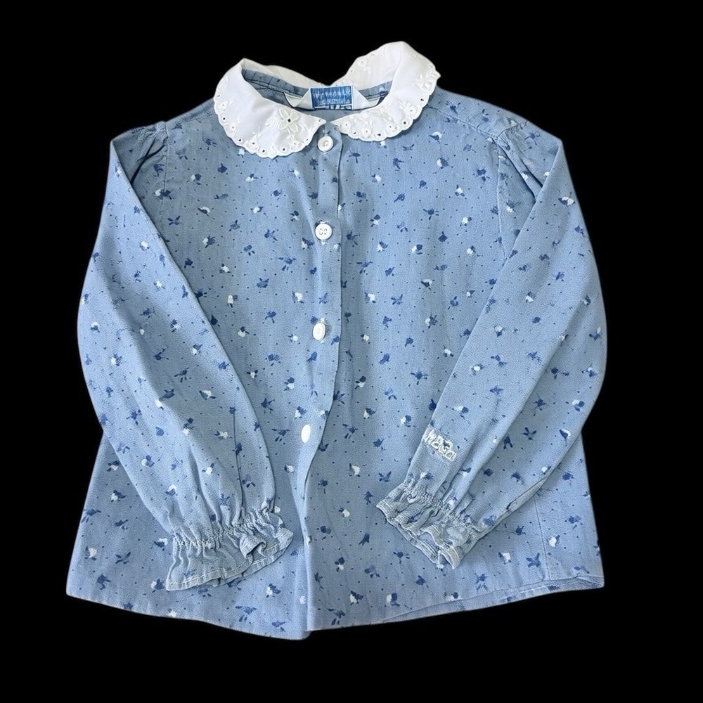 Vtg Toddler‎ Girls Oshkosh Bgosh Long Slerve Blue Print Shirt 2T Embroidered
